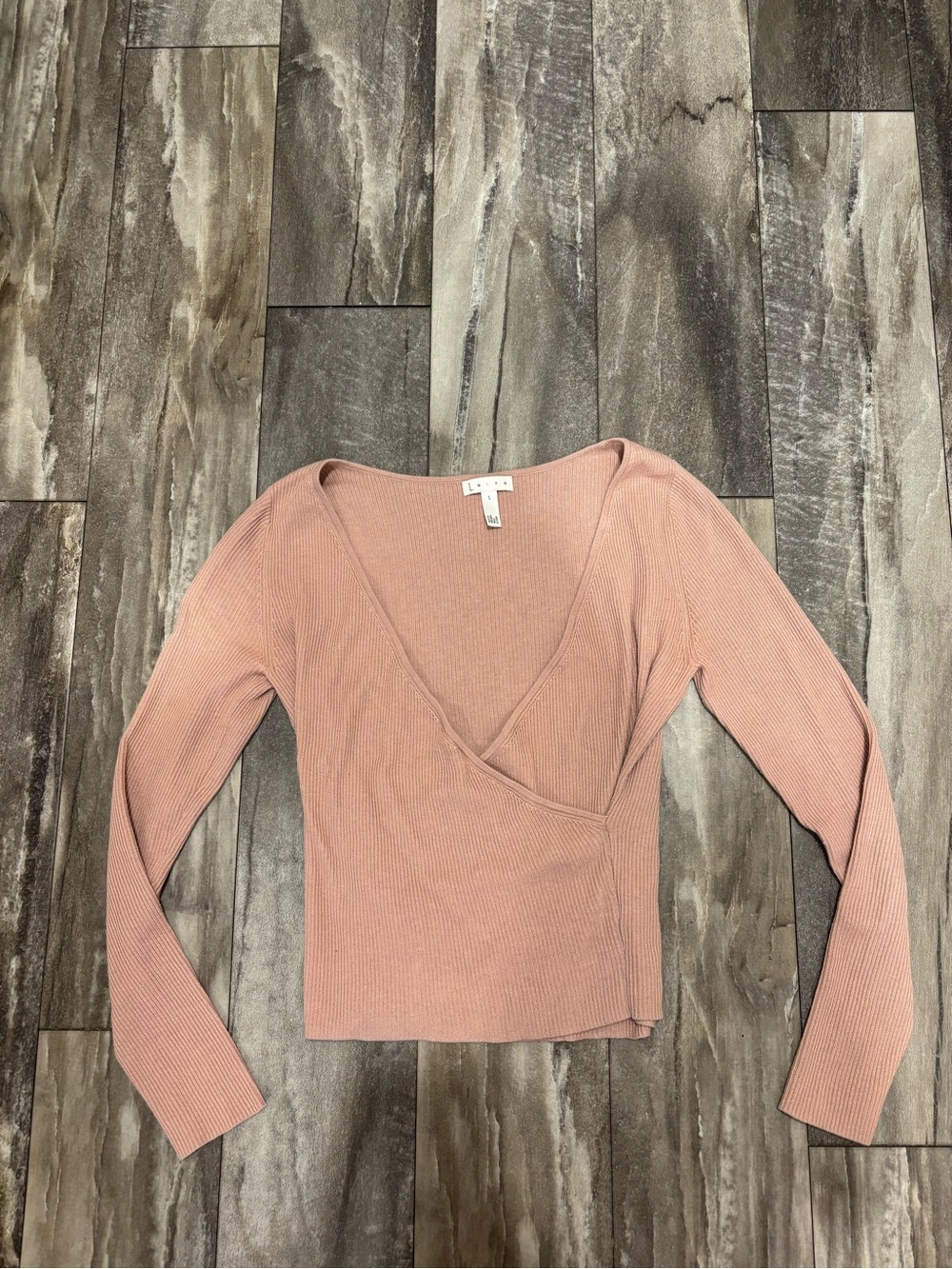 Leith Long Sleeve Ribbed V-Neck Top Blouse Beige Sz S